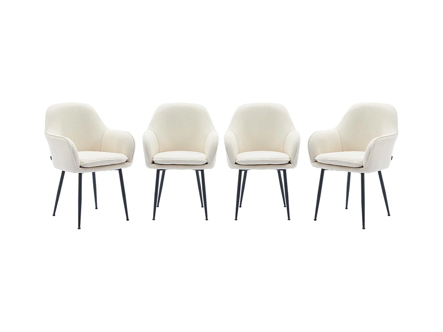 Lot de 4 fauteuils en velours côtelé blanc cassé et pieds en métal noir mat. L 57 x P 59 x H 84.5cm