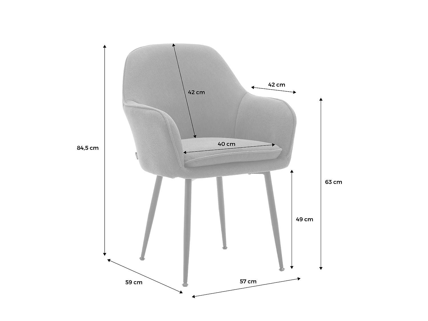 Set 4 poltrone in velluto a coste con gambe in metallo, bianco sporco