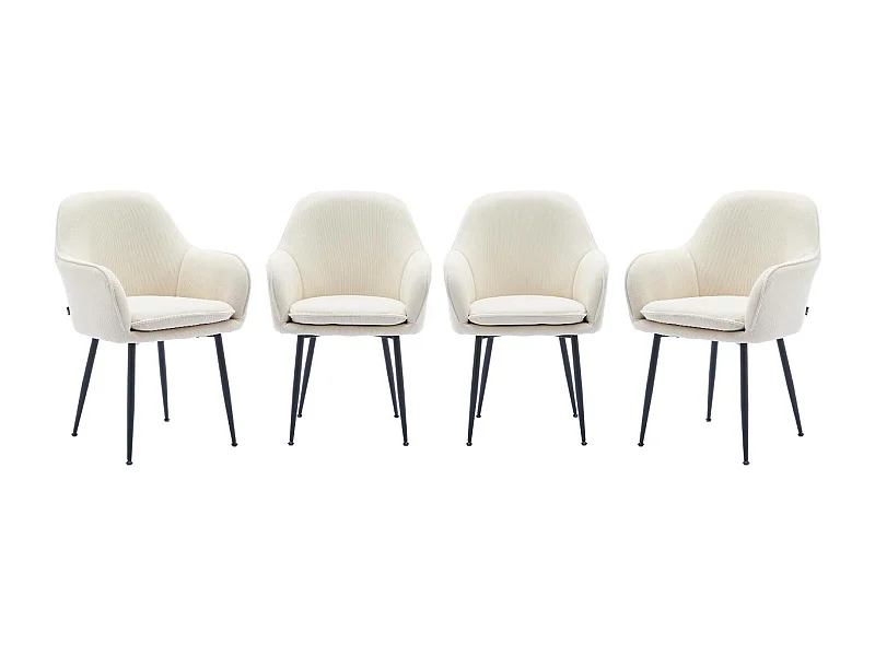 Lot de 4 fauteuils en velours côtelé blanc cassé et pieds en métal noir mat. L 57 x P 59 x H 84.5cm