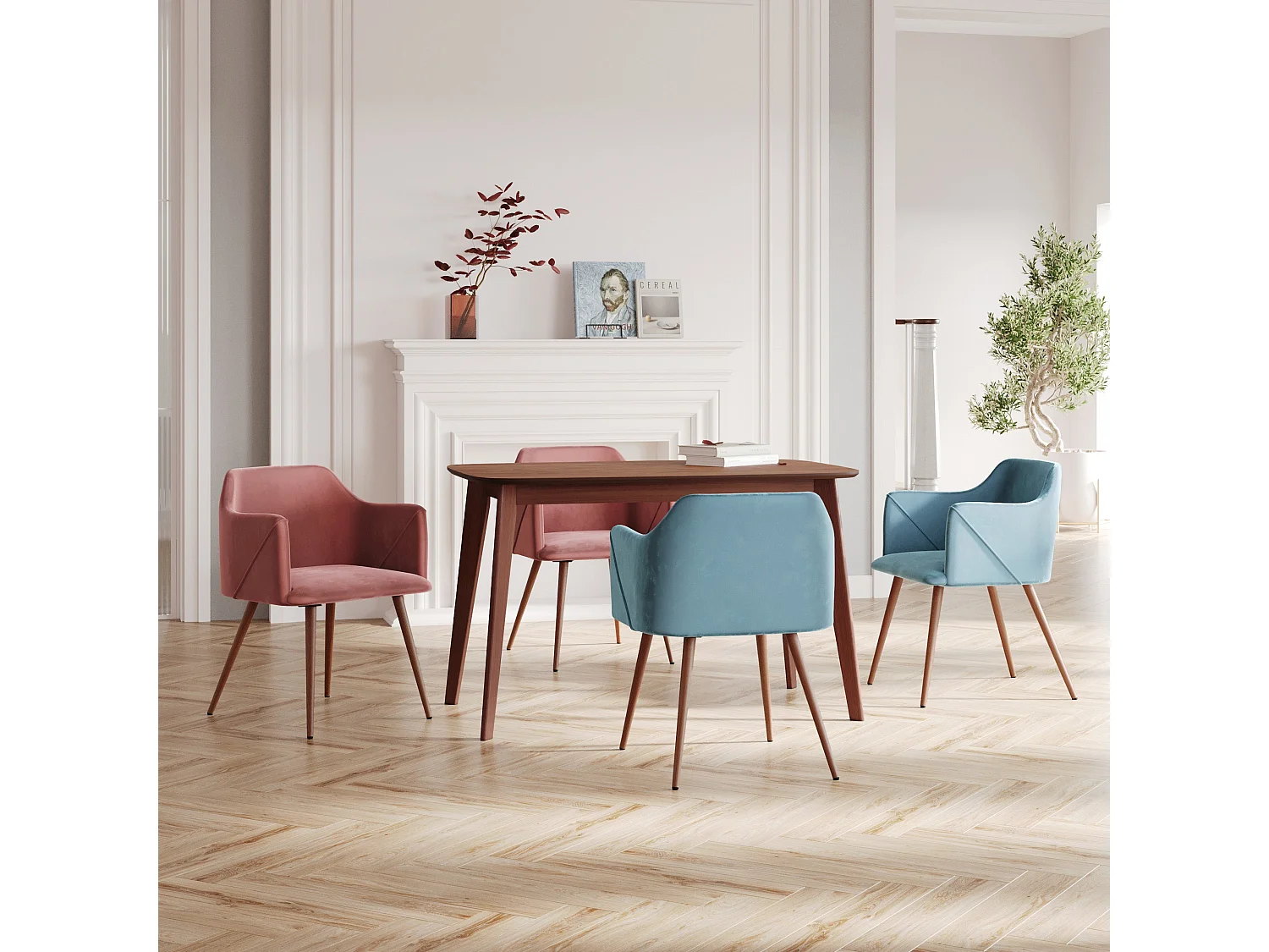 Set di 4 sedie in velluto blu e rosa - Daisy