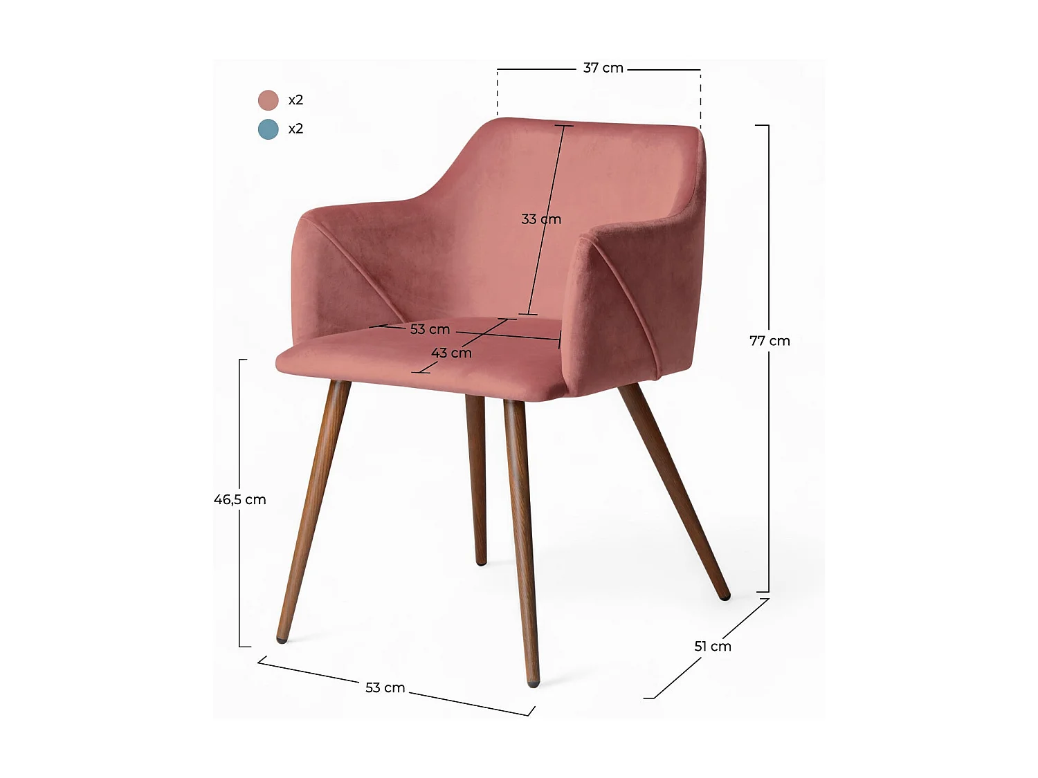 Set di 4 sedie in velluto blu e rosa - Daisy