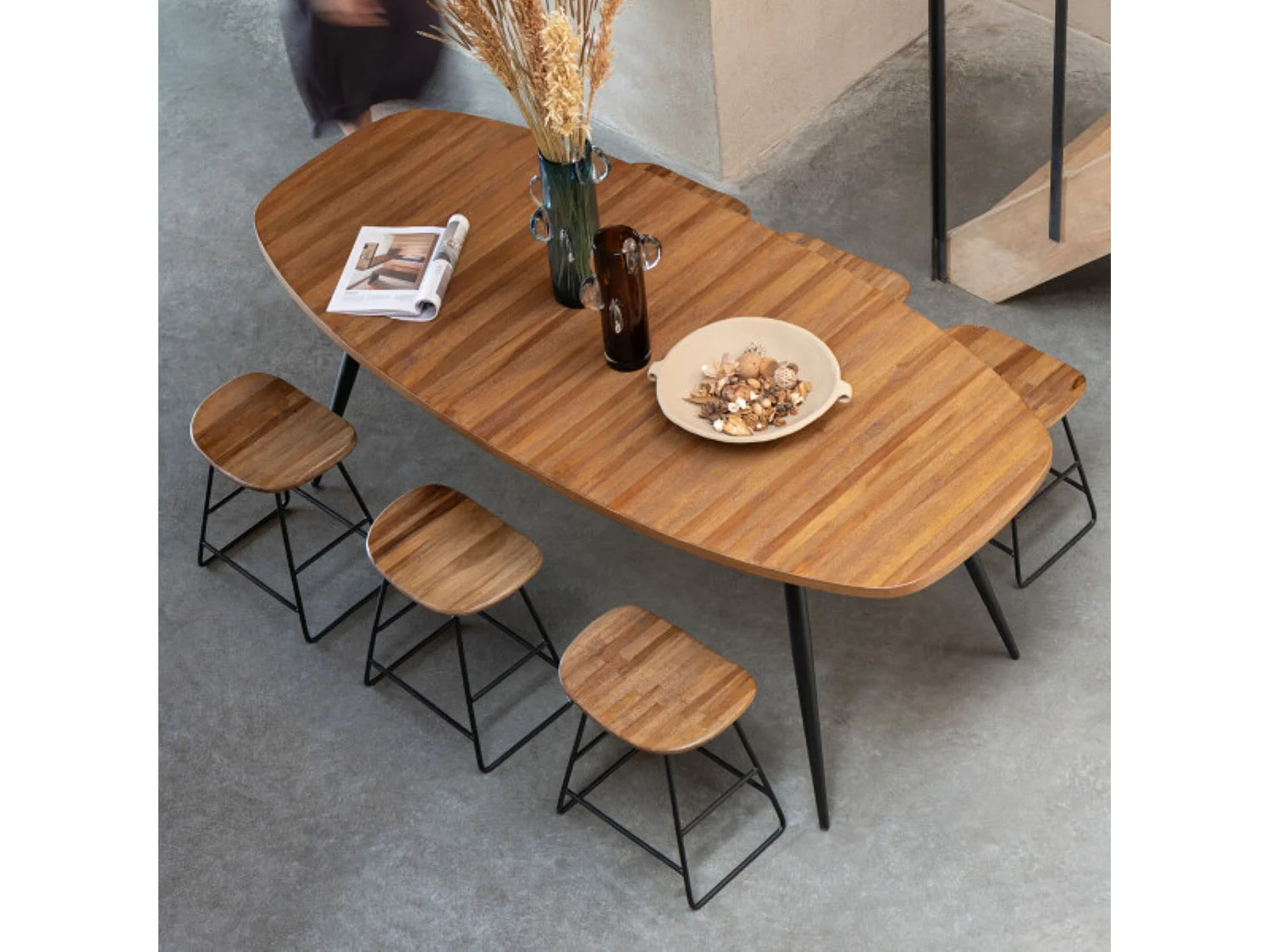 Tabourets en teck recyclé brossé et en métal (lot de 2) - DILI