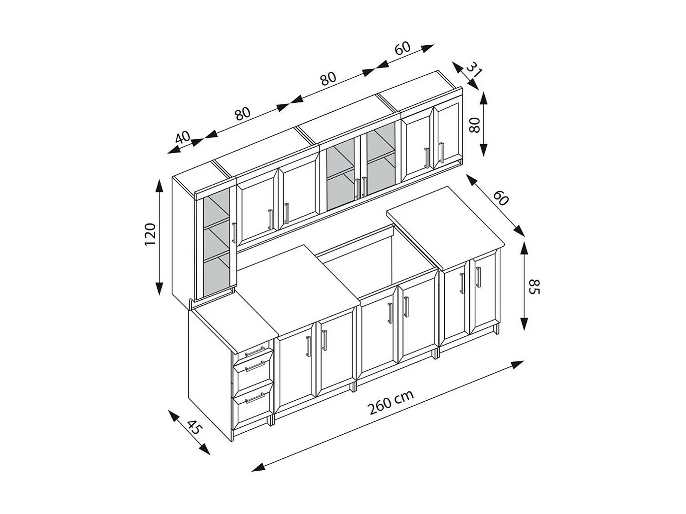 Cocina completa - muebles altos y bajos - nogal 260cm Chuck