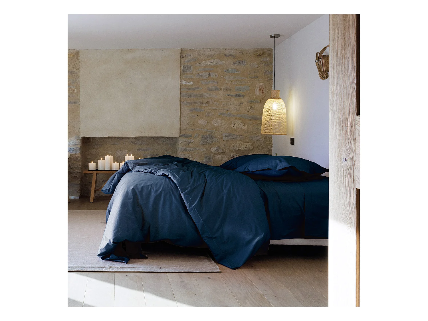 Parure de lit 240x220 cm set 50x70 cm percale MANOIR bleu Marine