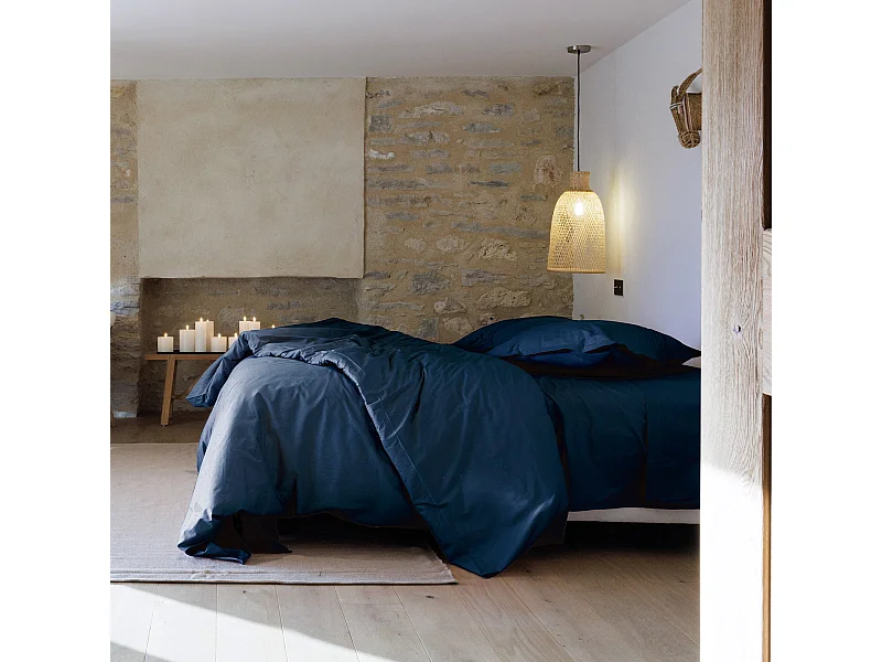 Parure de lit 240x220 cm set 50x70 cm percale MANOIR bleu Marine