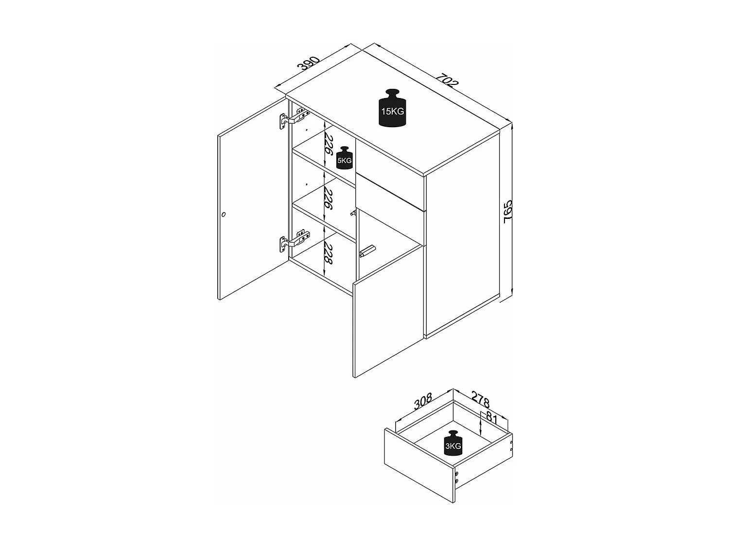 Cómoda de madeira VCM | aparador com 2 portas de batente e duas gavetas | dimensões H. 77 x L. 70 x P. 39cm - Dalosa (cinzento)