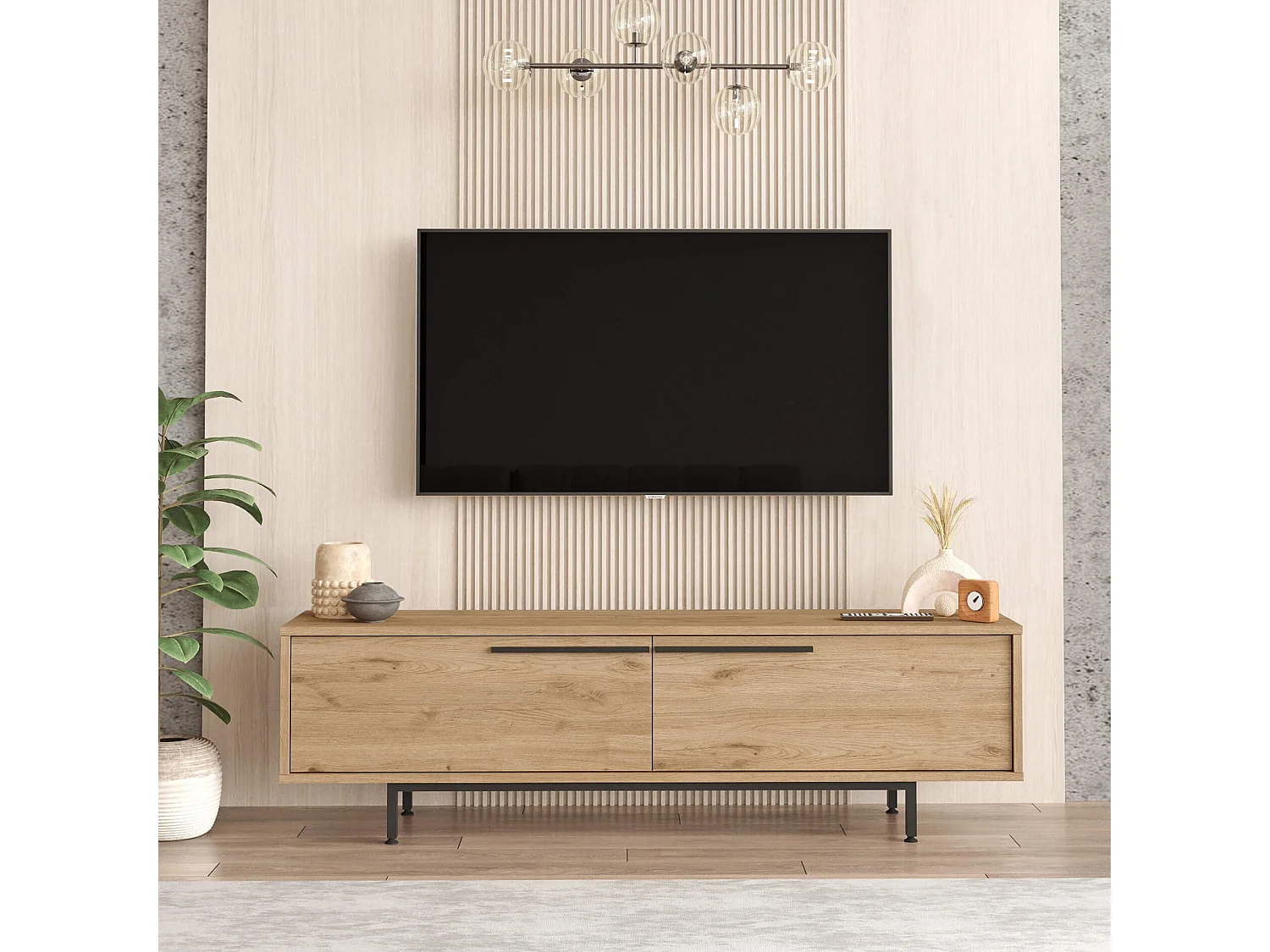 Meuble TV Rebecca Mobili Puka 45x160x35,5 Panneau de particules Fer Chêne clair Gris Foncé Moderne