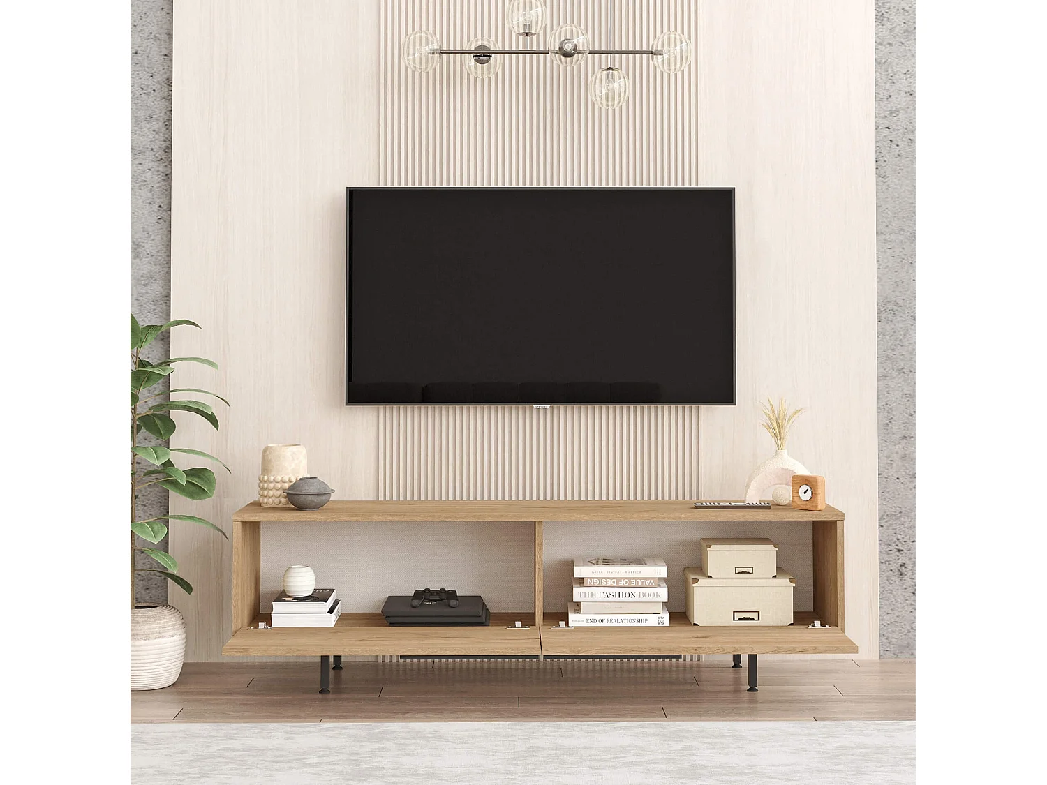 Meuble TV Rebecca Mobili Puka 45x160x35,5 Panneau de particules Fer Chêne clair Gris Foncé Moderne