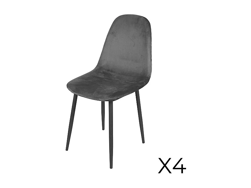 Lot de 4 chaises LOLY, assise et dossier en velours gris, structure en métal noir