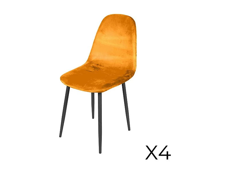 Lot de 4 chaises LOLY, assise et dossier en velours jaune, structure en métal noir
