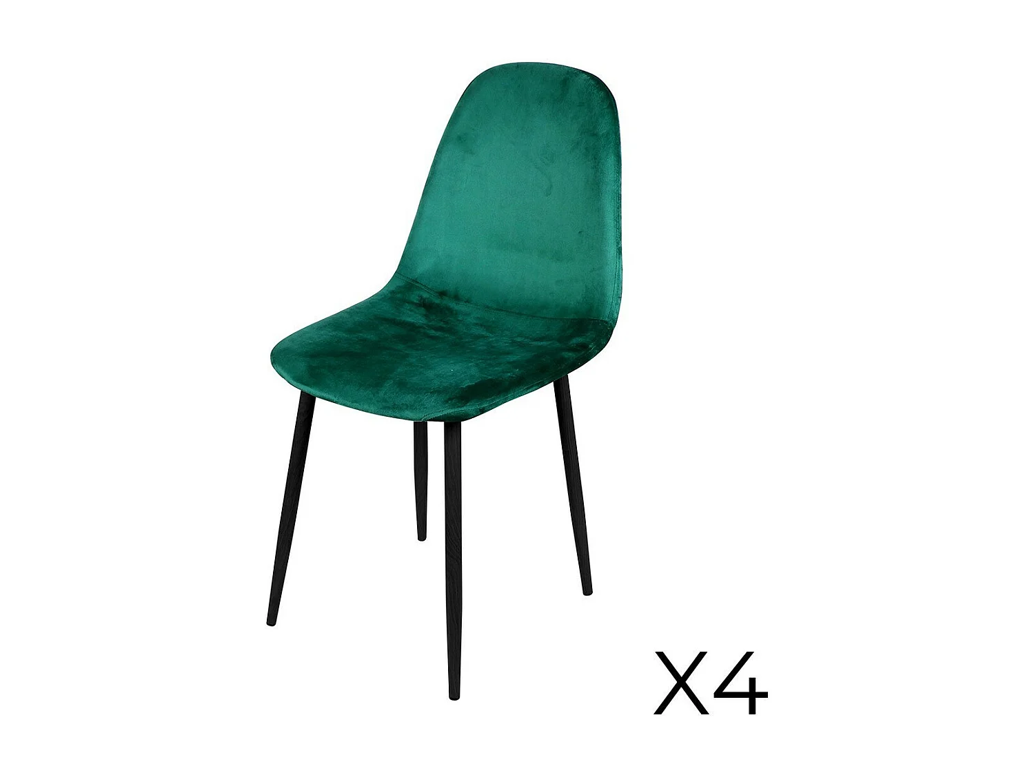 Lote de 4 sillas LOLY, asiento y respaldo en terciopelo verde, estructura de metal negro.