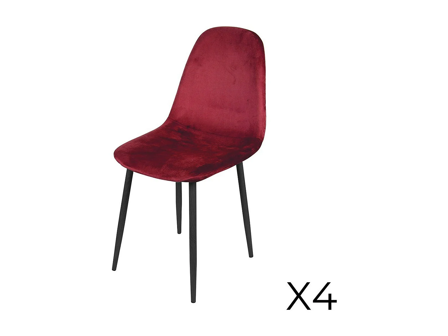 Set di 4 sedie LOLY, seduta e schienale in velluto bordeaux, struttura in metallo nero