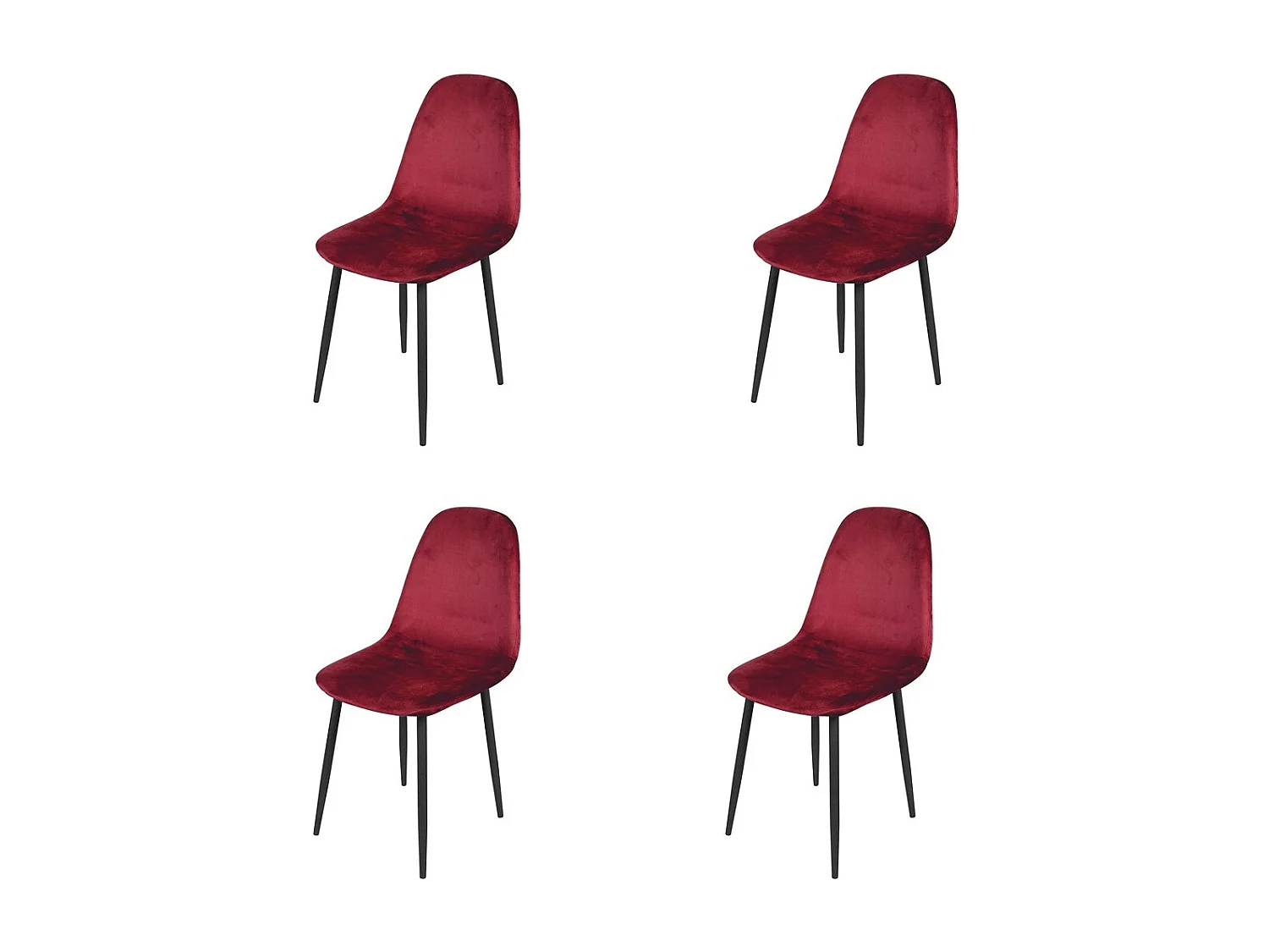 Set di 4 sedie LOLY, seduta e schienale in velluto bordeaux, struttura in metallo nero