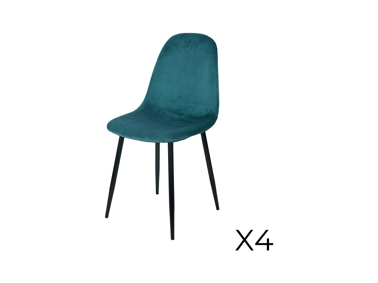 Set van 4 stoelen LOLY, zitting en rugleuning in petrolblauw fluweel, structuur in zwart metaal.