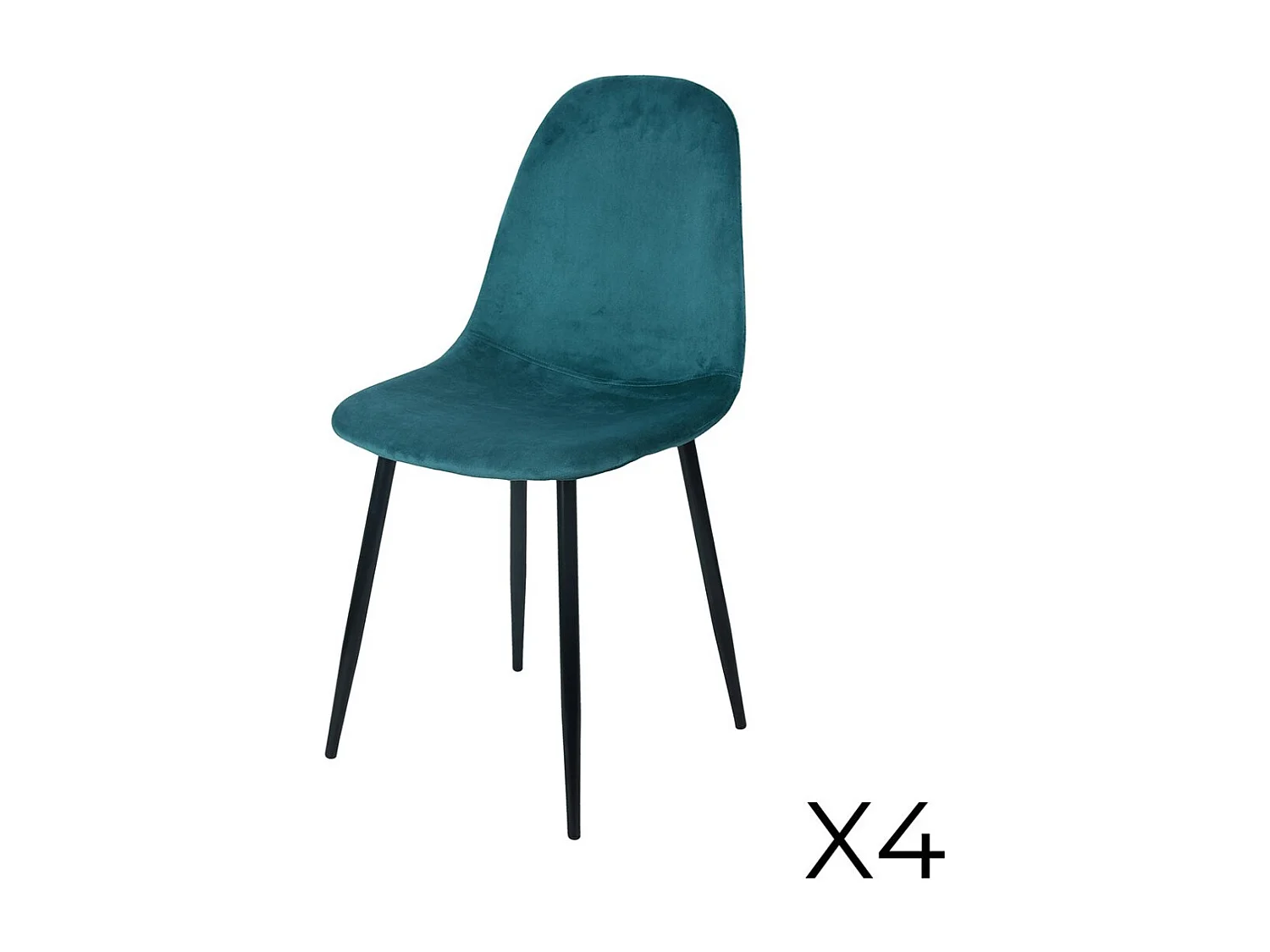 Lot de 4 chaises LOLY, assise et dossier en velours bleu canard, structure en métal noir