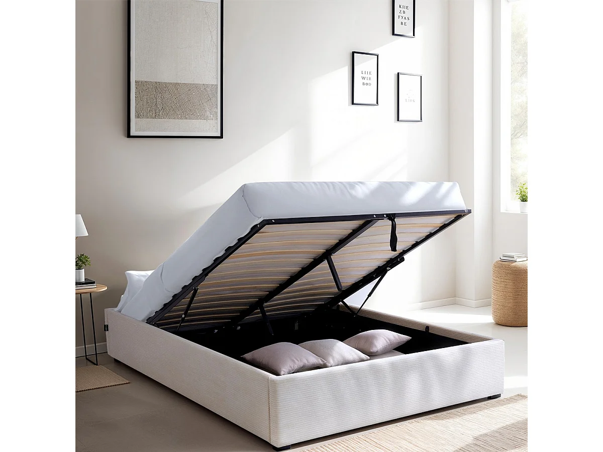 Lit coffre adulte 140x190 cm en velours côtelé beige avec sommier - Handy