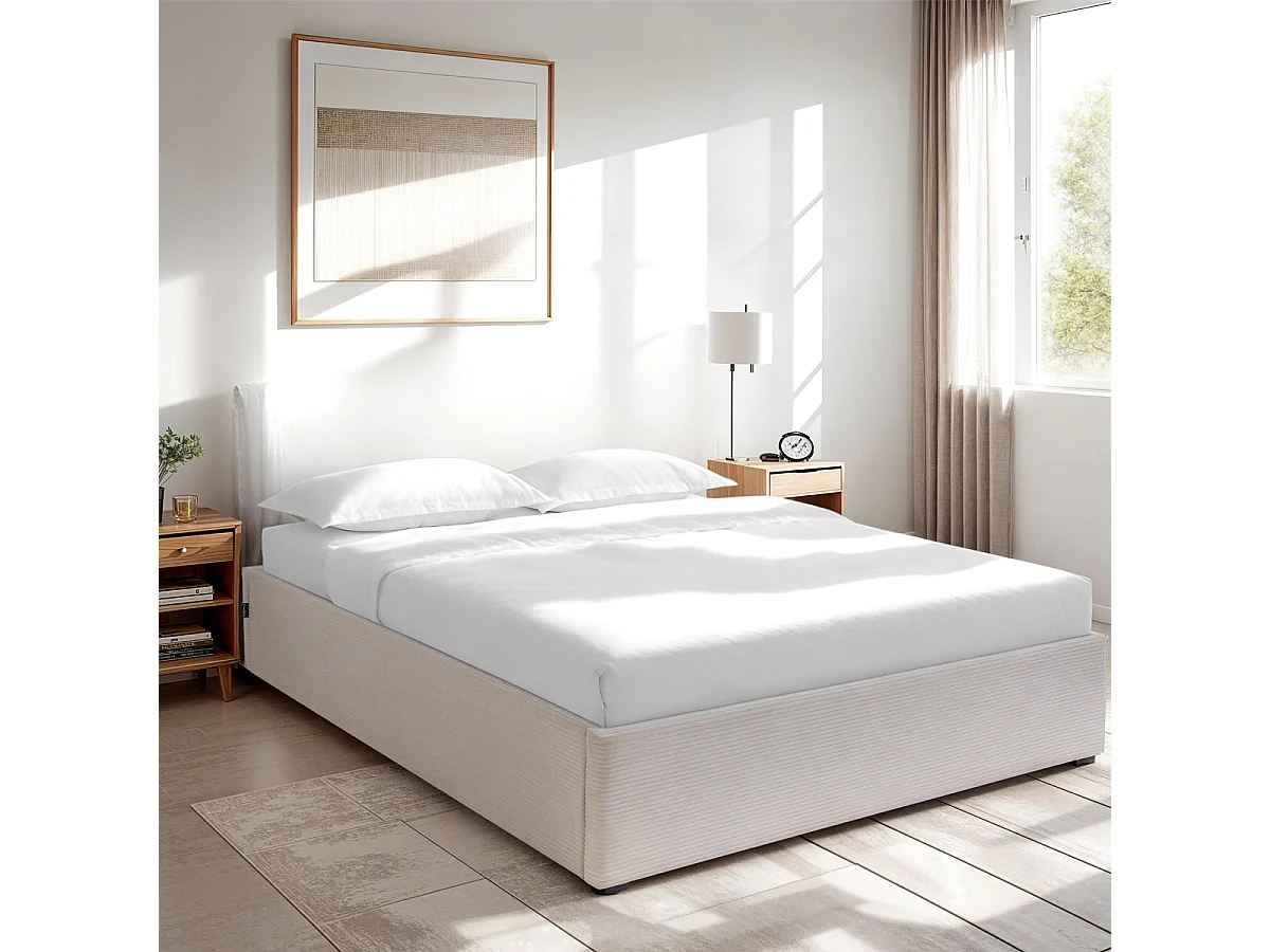 Lit coffre adulte 140x190 cm en velours côtelé beige avec sommier - Handy