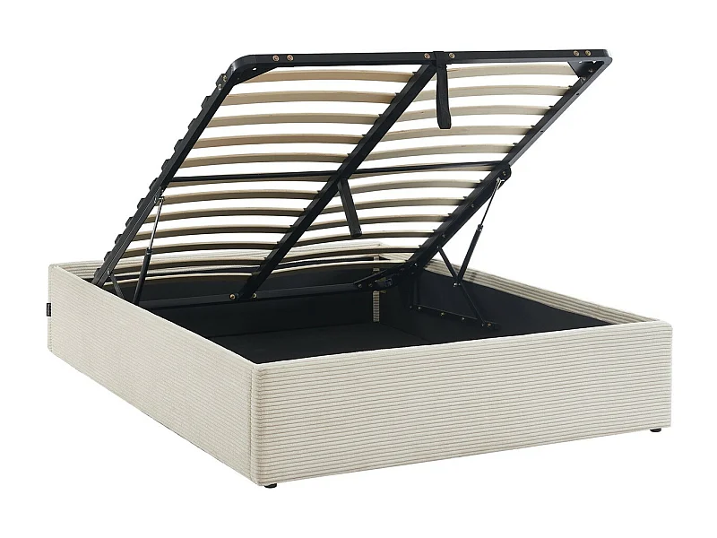 Lit coffre adulte 160x200 cm en velours côtelé beige avec sommier - Handy