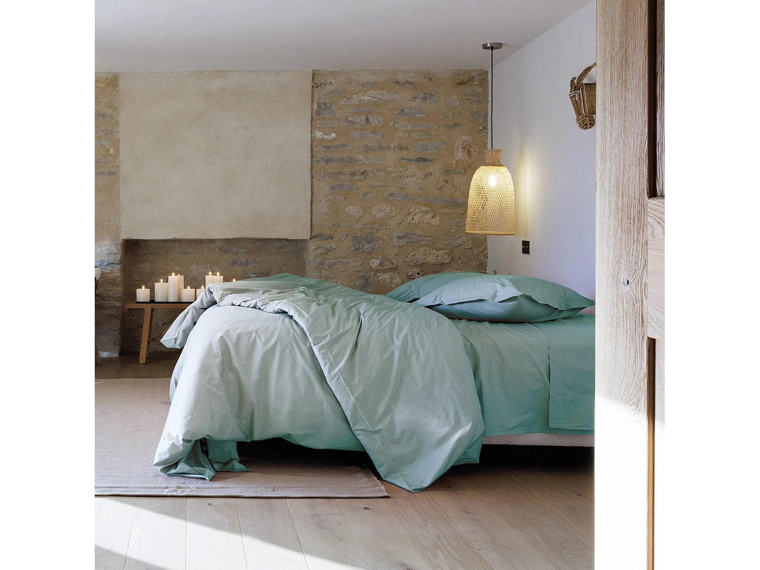 Drap housse uni 180x200 cm percale de coton MANOIR vert Lichen bonnet 40