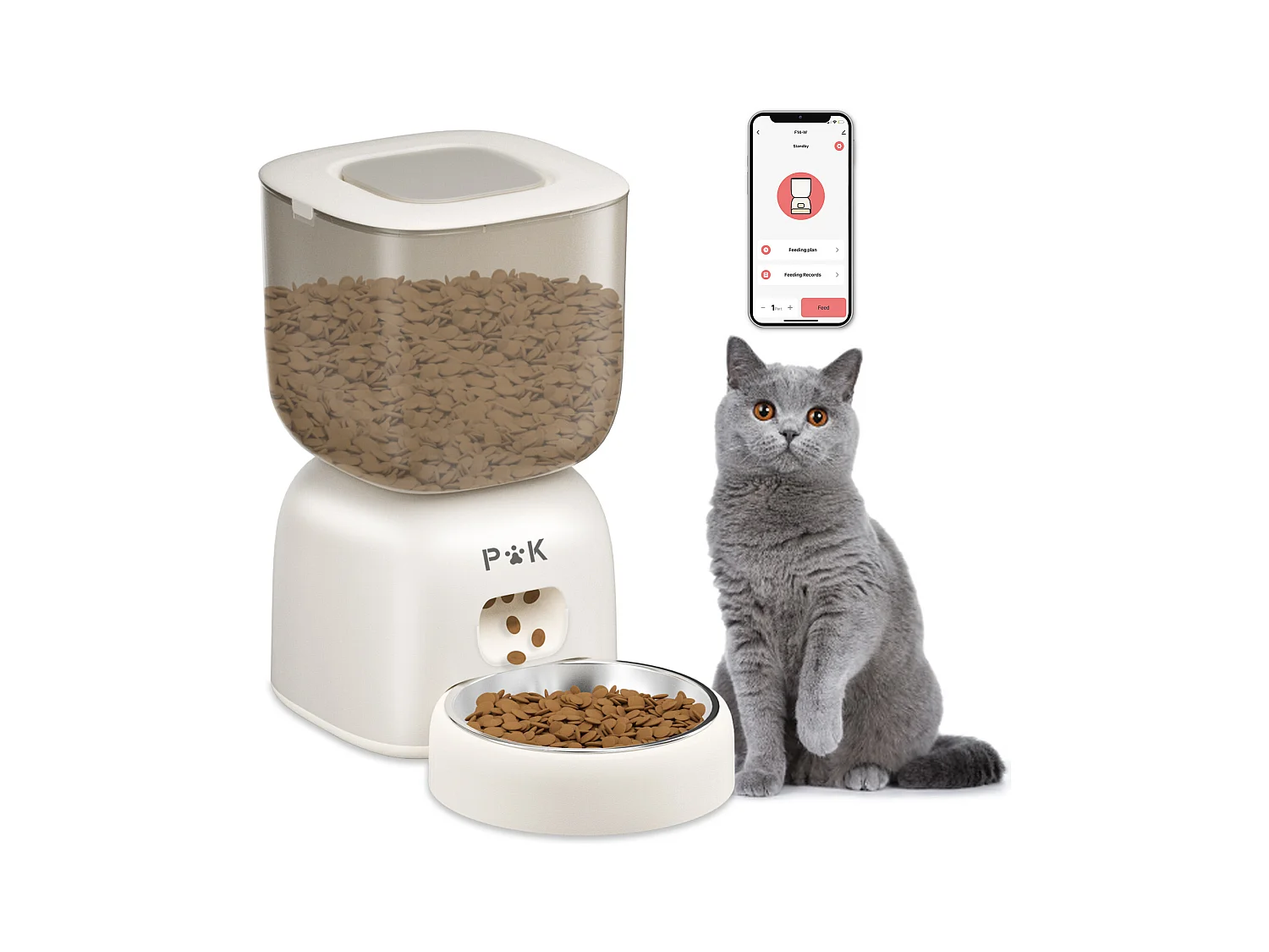 3L WiFi Distributeur Croquettes Chat Automatique - Beige Mangeoire Automatique pour Chat et Chien - 10 Repas par Jour - Enregistrement Vocal 10s
