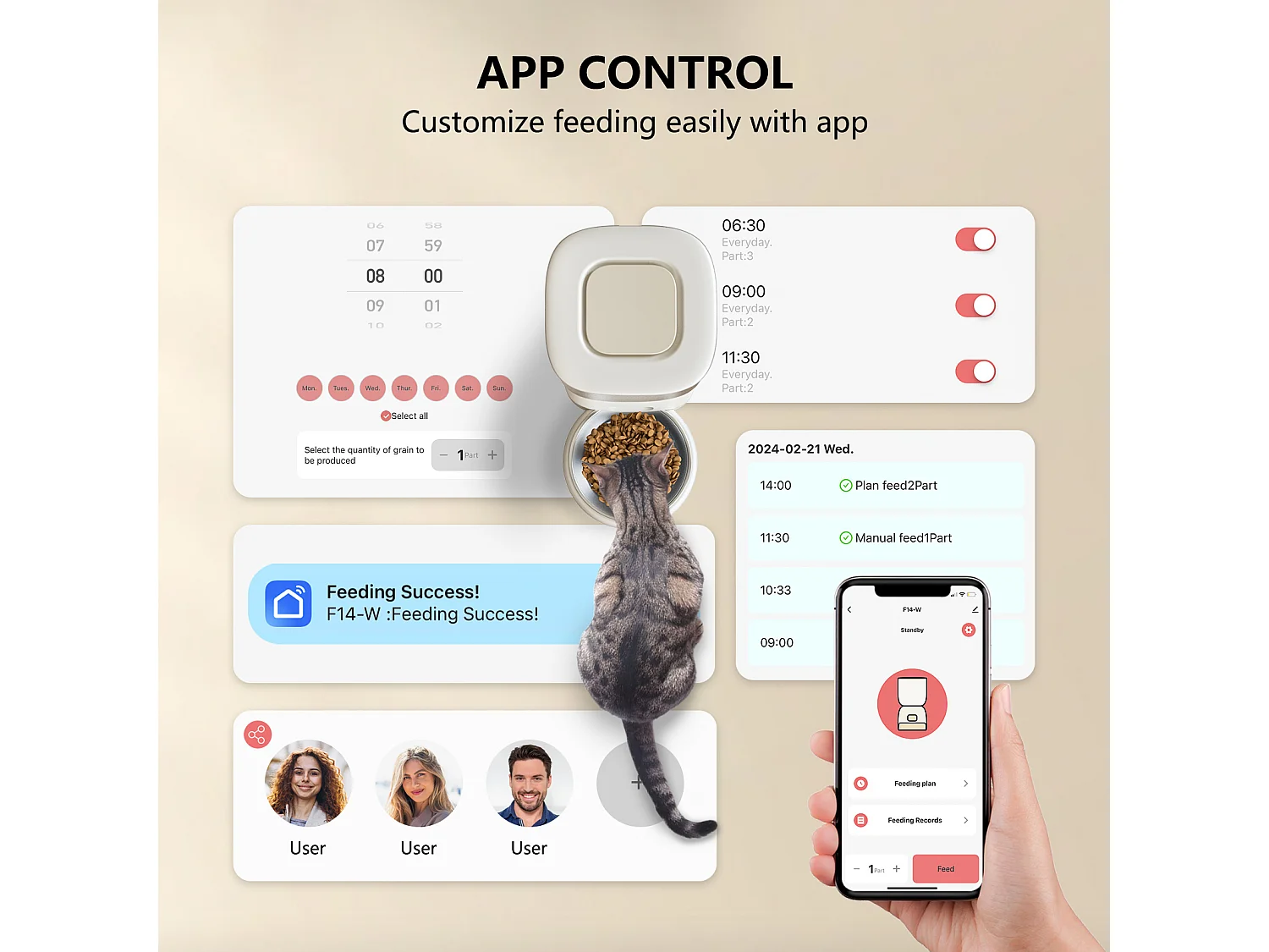 3L WiFi Distributeur Croquettes Chat Automatique - Beige Mangeoire Automatique pour Chat et Chien - 10 Repas par Jour - Enregistrement Vocal 10s