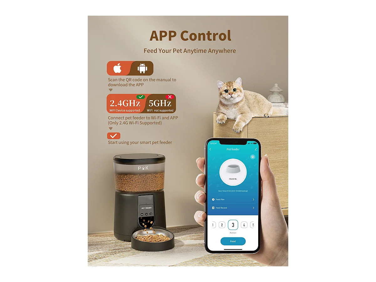 WiFi Automatischer Katzenfutterspender mit App, 4L, 2,4G Katzen- und Hundefutterspender, APP-Steuerung, mit Edelstahlnapf, SCHWARZ