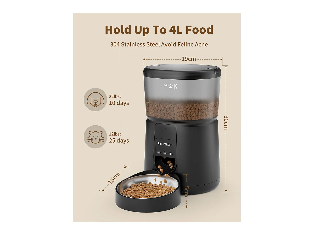 WiFi Automatischer Katzenfutterspender mit App, 4L, 2,4G Katzen- und Hundefutterspender, APP-Steuerung, mit Edelstahlnapf, SCHWARZ