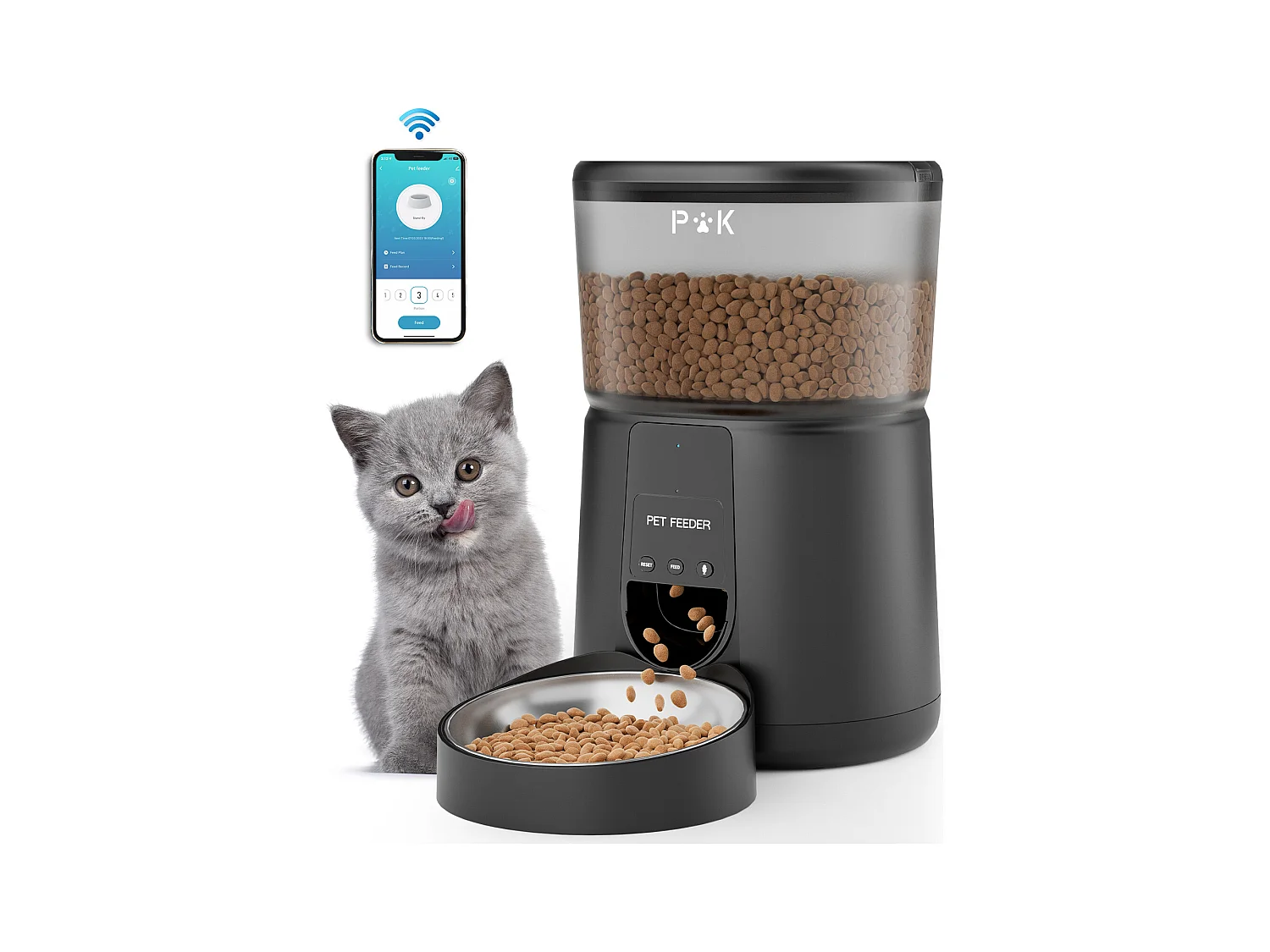WiFi Distributeur Croquettes Chat Automatique avec App 4L 2,4G Distributeur Croquettes Chat et Chiens APP Contrôle avec Bol en Acier Inoxydable NOIR