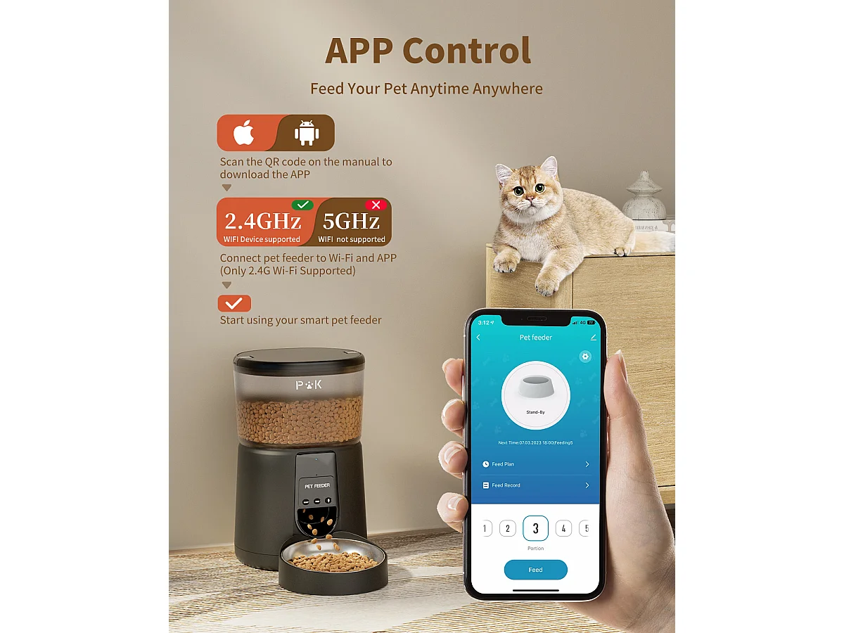 WiFi Distributeur Croquettes Chat Automatique avec App 4L 2,4G Distributeur Croquettes Chat et Chiens APP Contrôle avec Bol en Acier Inoxydable NOIR