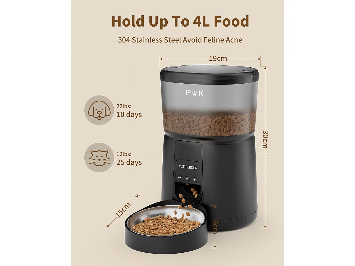 WiFi Distributeur Croquettes Chat Automatique avec App 4L 2,4G Distributeur Croquettes Chat et Chiens APP Contrôle avec Bol en Acier Inoxydable NOIR