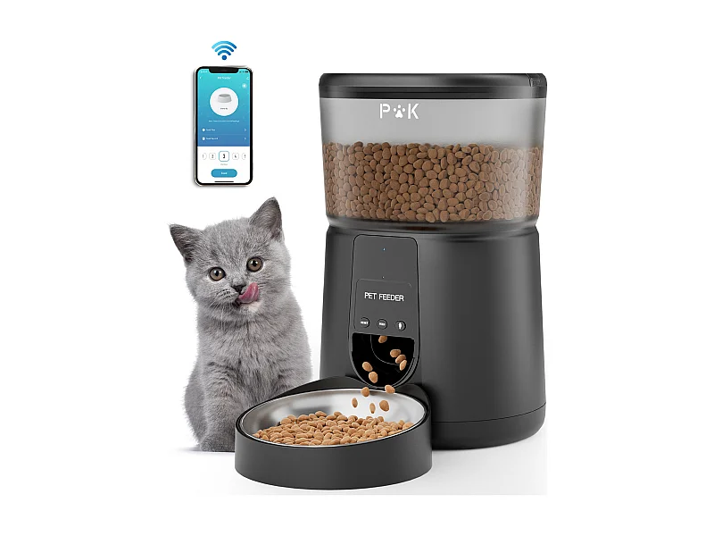 WiFi Distributeur Croquettes Chat Automatique avec App 4L 2,4G Distributeur Croquettes Chat et Chiens APP Contrôle avec Bol en Acier Inoxydable NOIR