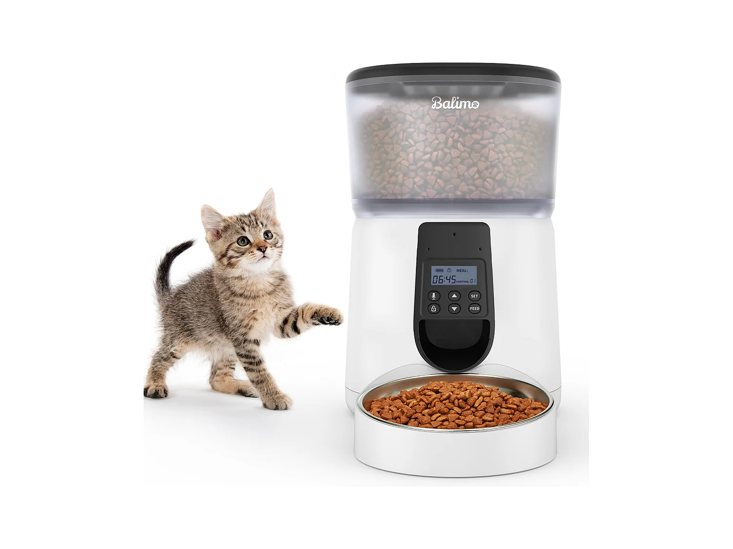 Balimo  4L Distributeur Croquettes Chat Automatique,Bol en Acier Inoxydable pour Animaux Domestiques,Distributeur De Nourriture SèChe pour Chats（B