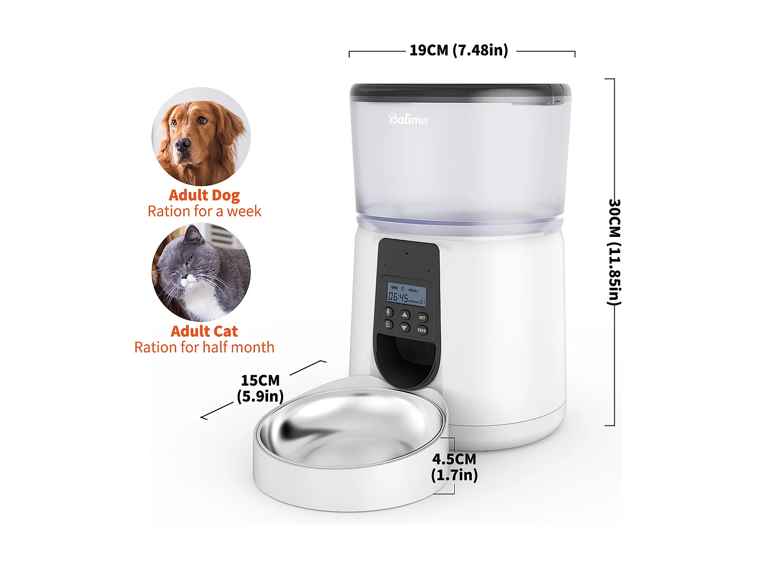 Balimo  4L Distributeur Croquettes Chat Automatique,Bol en Acier Inoxydable pour Animaux Domestiques,Distributeur De Nourriture SèChe pour Chats（B