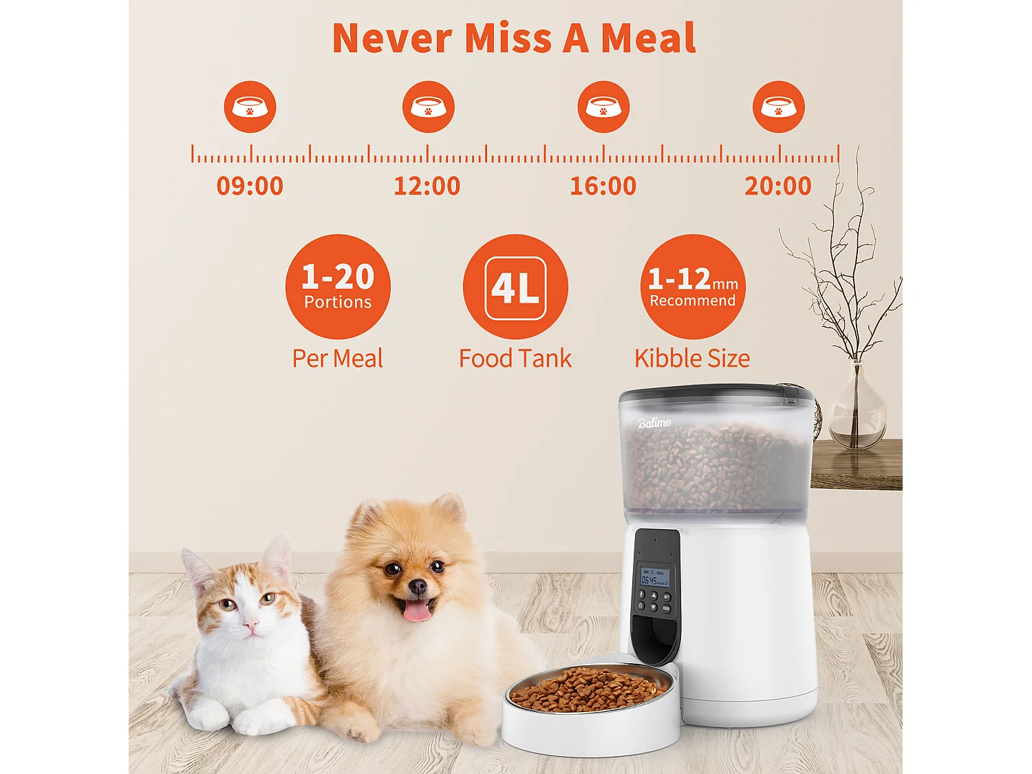 Balimo  4L Distributeur Croquettes Chat Automatique,Bol en Acier Inoxydable pour Animaux Domestiques,Distributeur De Nourriture SèChe pour Chats（B