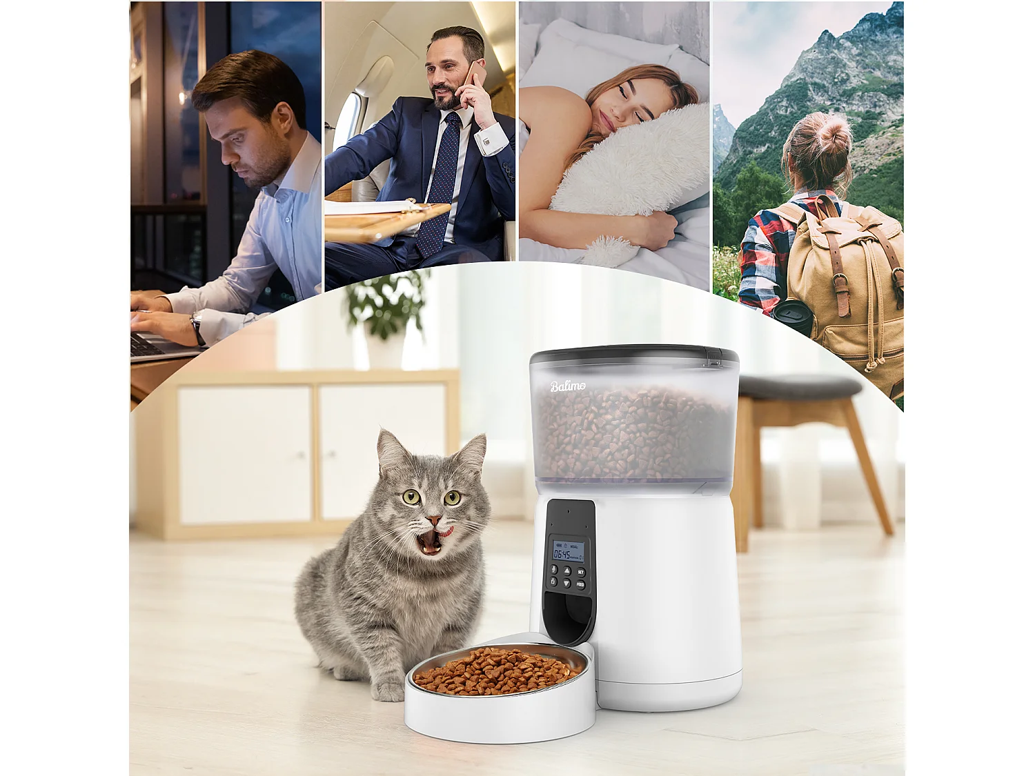 Balimo  4L Distributeur Croquettes Chat Automatique,Bol en Acier Inoxydable pour Animaux Domestiques,Distributeur De Nourriture SèChe pour Chats（B