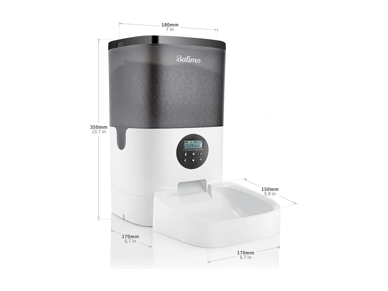 Balimo 4L Distributore crocchette per gatti/cani, con adattatore alimentazione/battitoreIe,Schermo LCD,Registrazione vocale 10S e timer,Nero Bianco