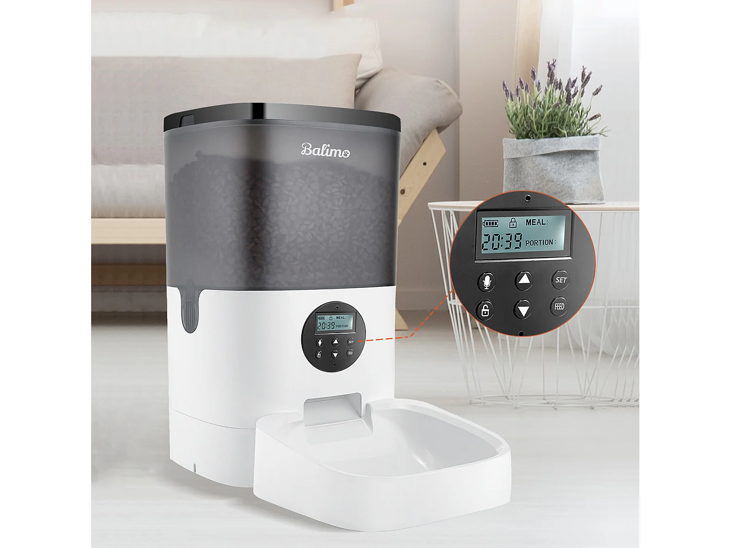 Balimo 4L Distributore crocchette per gatti/cani, con adattatore alimentazione/battitoreIe,Schermo LCD,Registrazione vocale 10S e timer,Nero Bianco