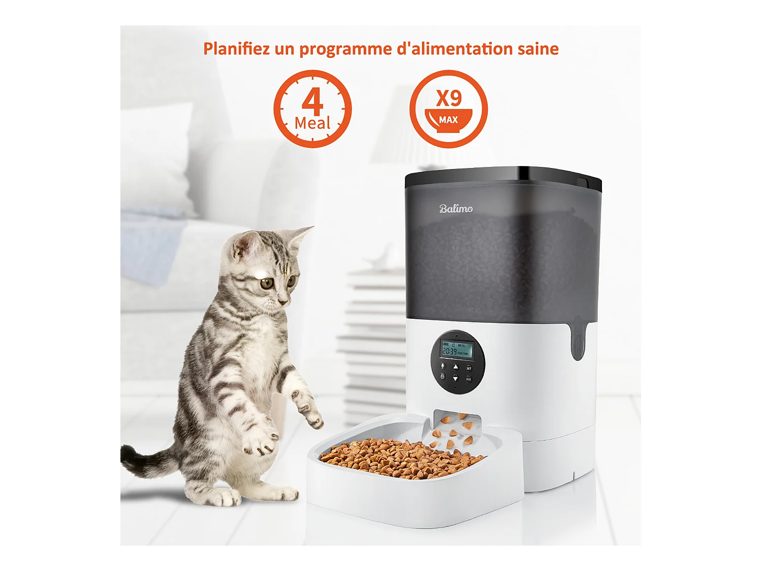 Balimo 4L Distributeur de Croquettes pour Chats/Chiens,avec Adaptateur Secteur / Batterie,Écran LCD, Enregistrement Vocal 10S et minuterie,Noir Blanc