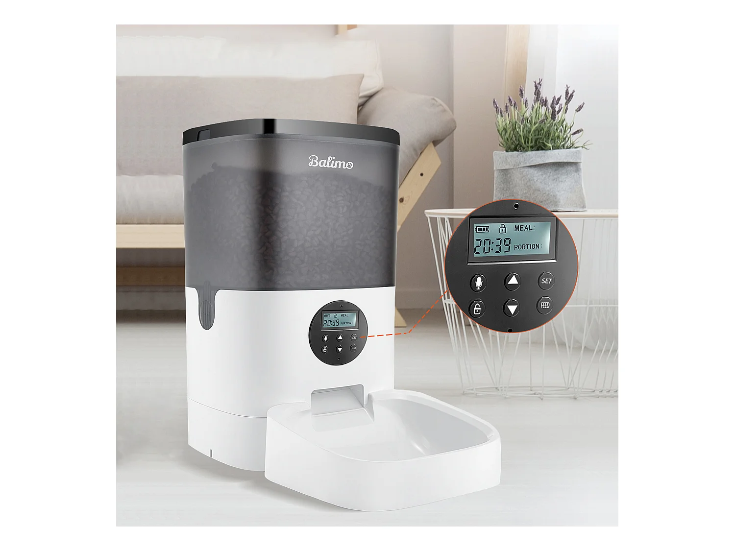 Balimo 4L Distributeur de Croquettes pour Chats/Chiens,avec Adaptateur Secteur / Batterie,Écran LCD, Enregistrement Vocal 10S et minuterie,Noir Blanc