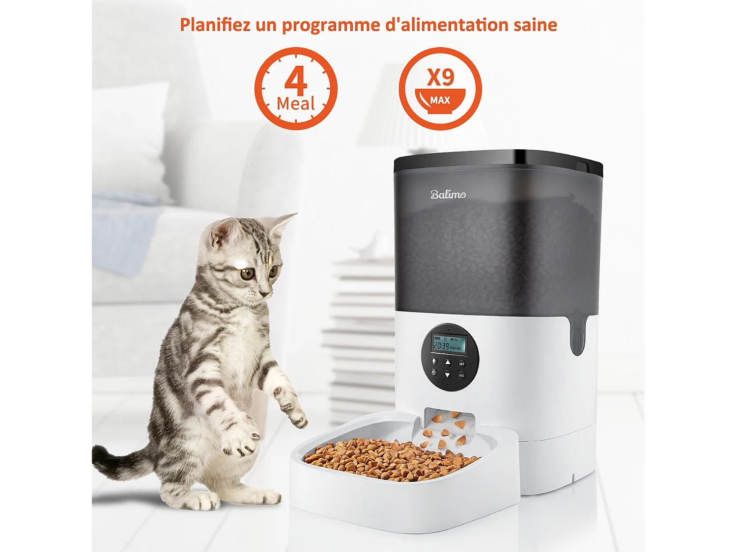 Balimo 4L Distributeur de Croquettes pour Chats/Chiens,avec Adaptateur Secteur / Batterie,Écran LCD, Enregistrement Vocal 10S et minuterie,Noir Blanc