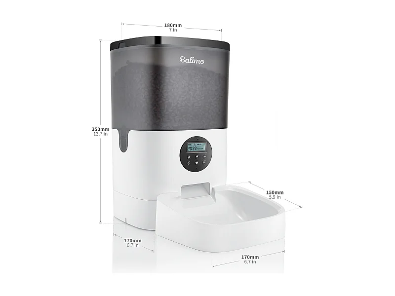 Balimo 4L Distributeur de Croquettes pour Chats/Chiens,avec Adaptateur Secteur / Batterie,Écran LCD, Enregistrement Vocal 10S et minuterie,Noir Blanc