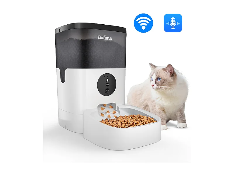 Balimo 4L WLAN-Futterspender für Katzen/Hunde, Fernbedienung, Handy-LCD, Netzteil/Akku, Aufnahmefunktion