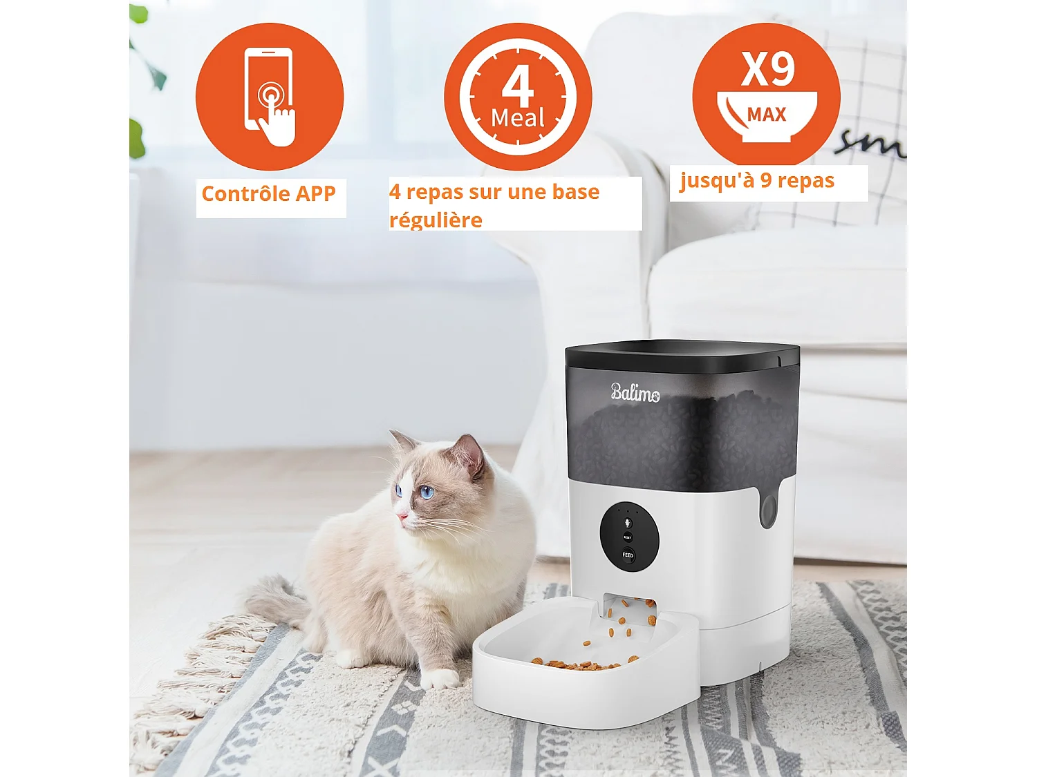 WIFI Distributeur de Croquettes Balimo 4L pour Chats/Chiens Télécommande Téléphone Portable LCD,Adaptateur Secteu /Batterie,Fonction d'Enregistrement