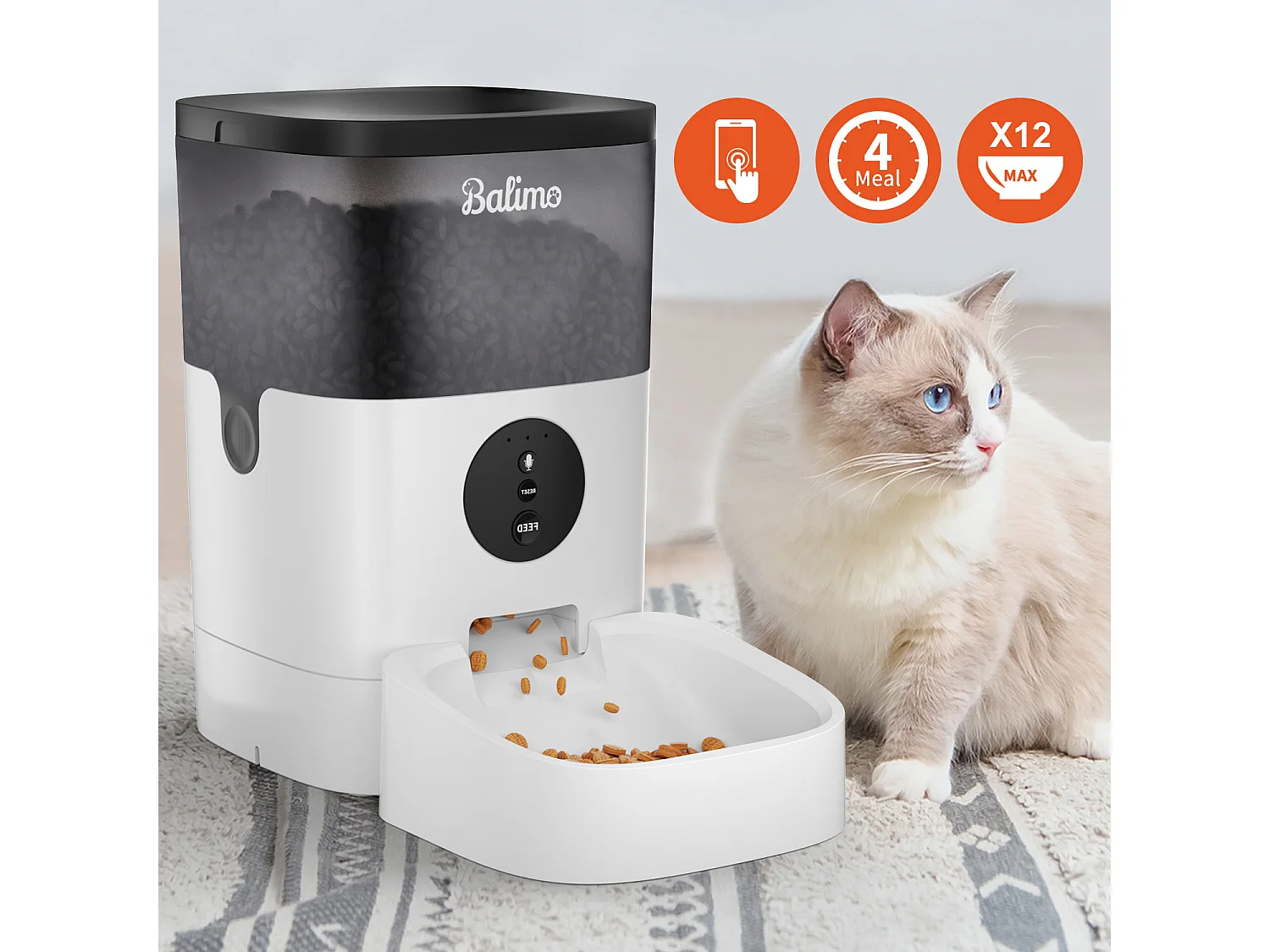 WIFI Distributeur de Croquettes Balimo 4L pour Chats/Chiens Télécommande Téléphone Portable LCD,Adaptateur Secteu /Batterie,Fonction d'Enregistrement