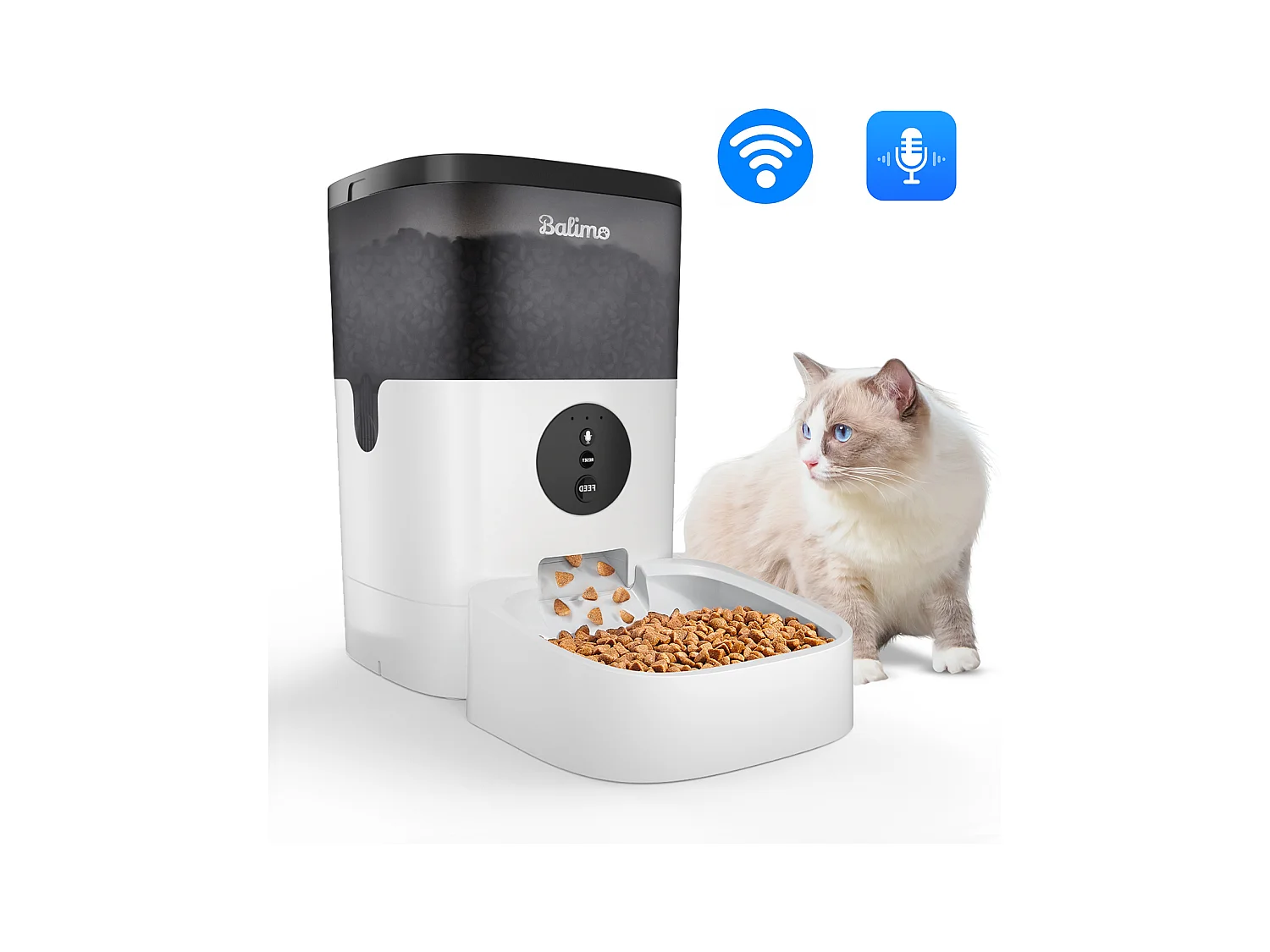 WIFI Distributeur de Croquettes Balimo 4L pour Chats/Chiens Télécommande Téléphone Portable LCD,Adaptateur Secteu /Batterie,Fonction d'Enregistrement