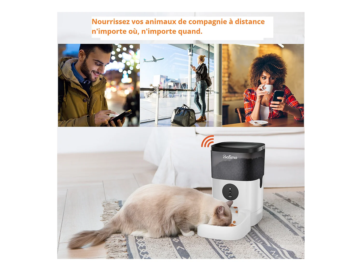 WIFI Distributeur de Croquettes Balimo 4L pour Chats/Chiens Télécommande Téléphone Portable LCD,Adaptateur Secteu /Batterie,Fonction d'Enregistrement