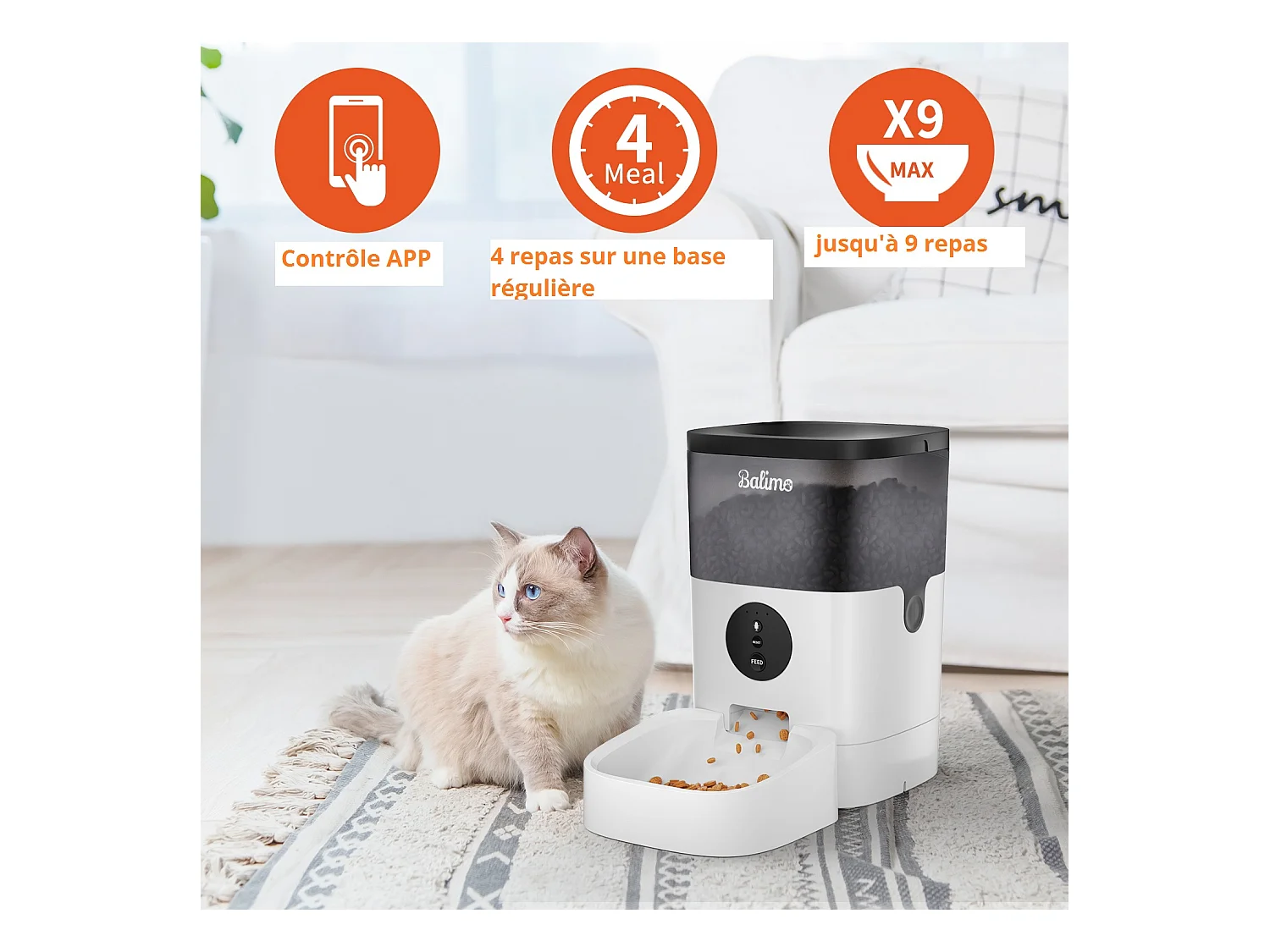WIFI Distributeur de Croquettes Balimo 4L pour Chats/Chiens Télécommande Téléphone Portable LCD,Adaptateur Secteu /Batterie,Fonction d'Enregistrement
