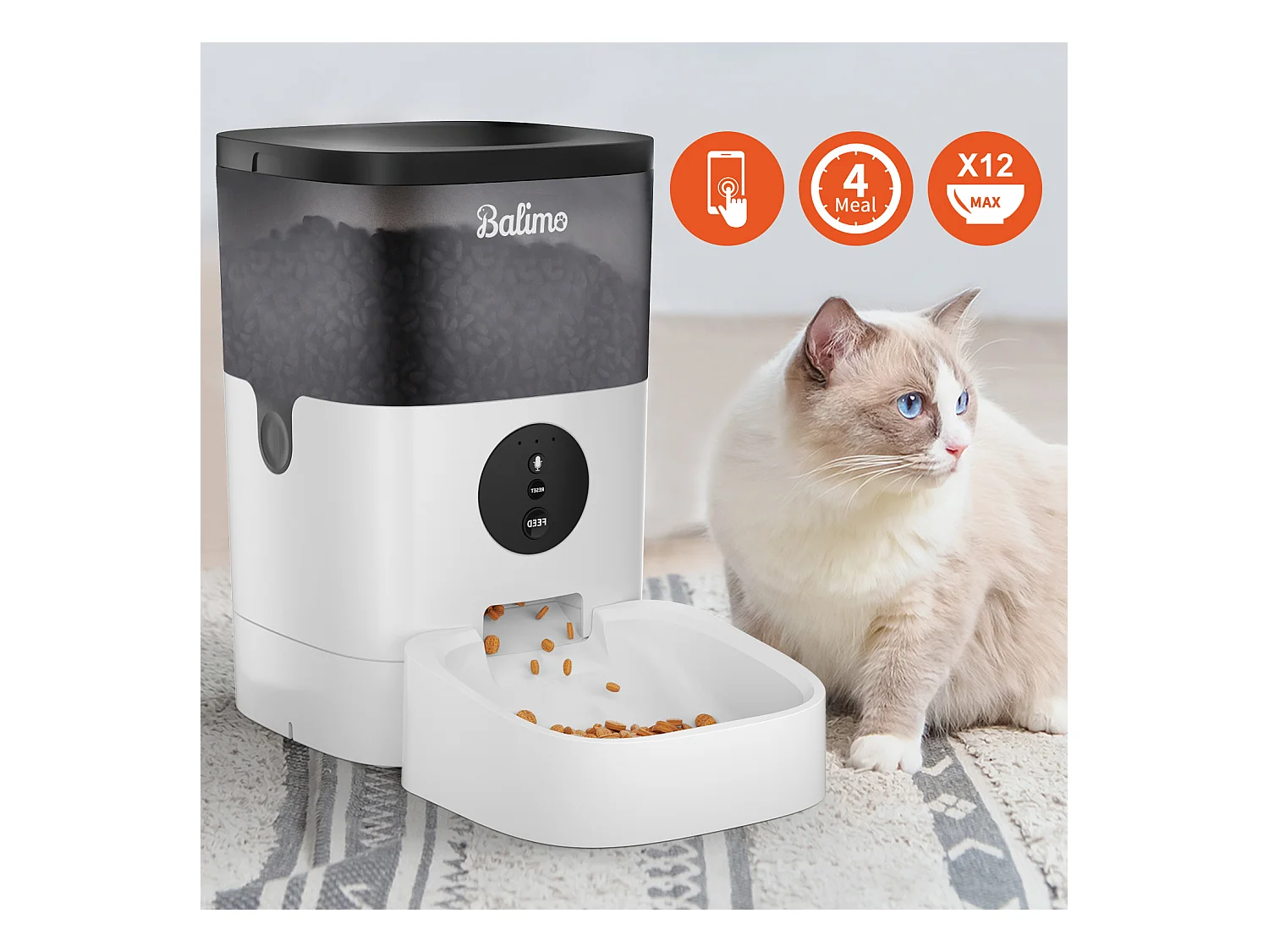 WIFI Distributeur de Croquettes Balimo 4L pour Chats/Chiens Télécommande Téléphone Portable LCD,Adaptateur Secteu /Batterie,Fonction d'Enregistrement