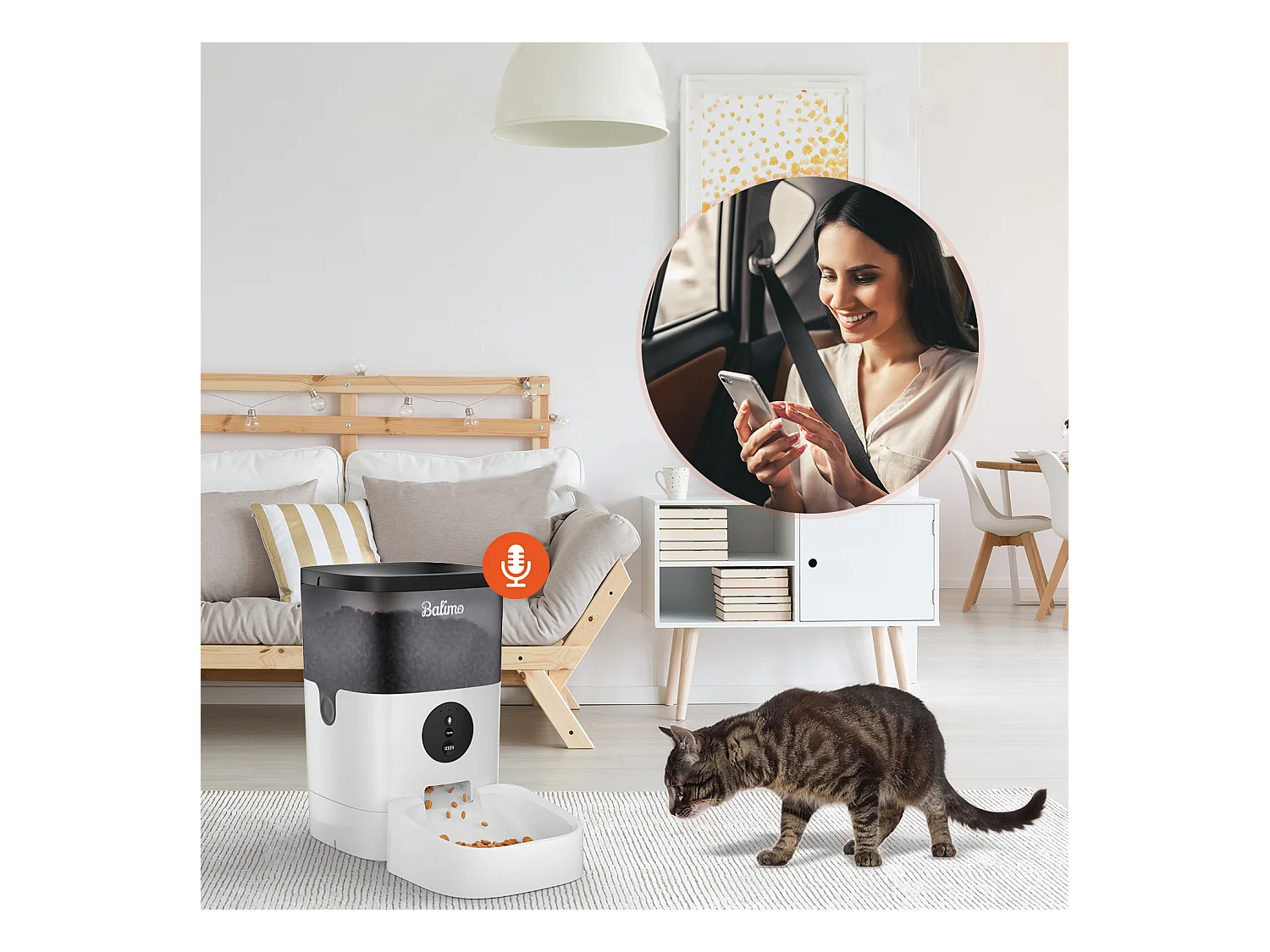 WIFI Distributeur de Croquettes Balimo 4L pour Chats/Chiens Télécommande Téléphone Portable LCD,Adaptateur Secteu /Batterie,Fonction d'Enregistrement