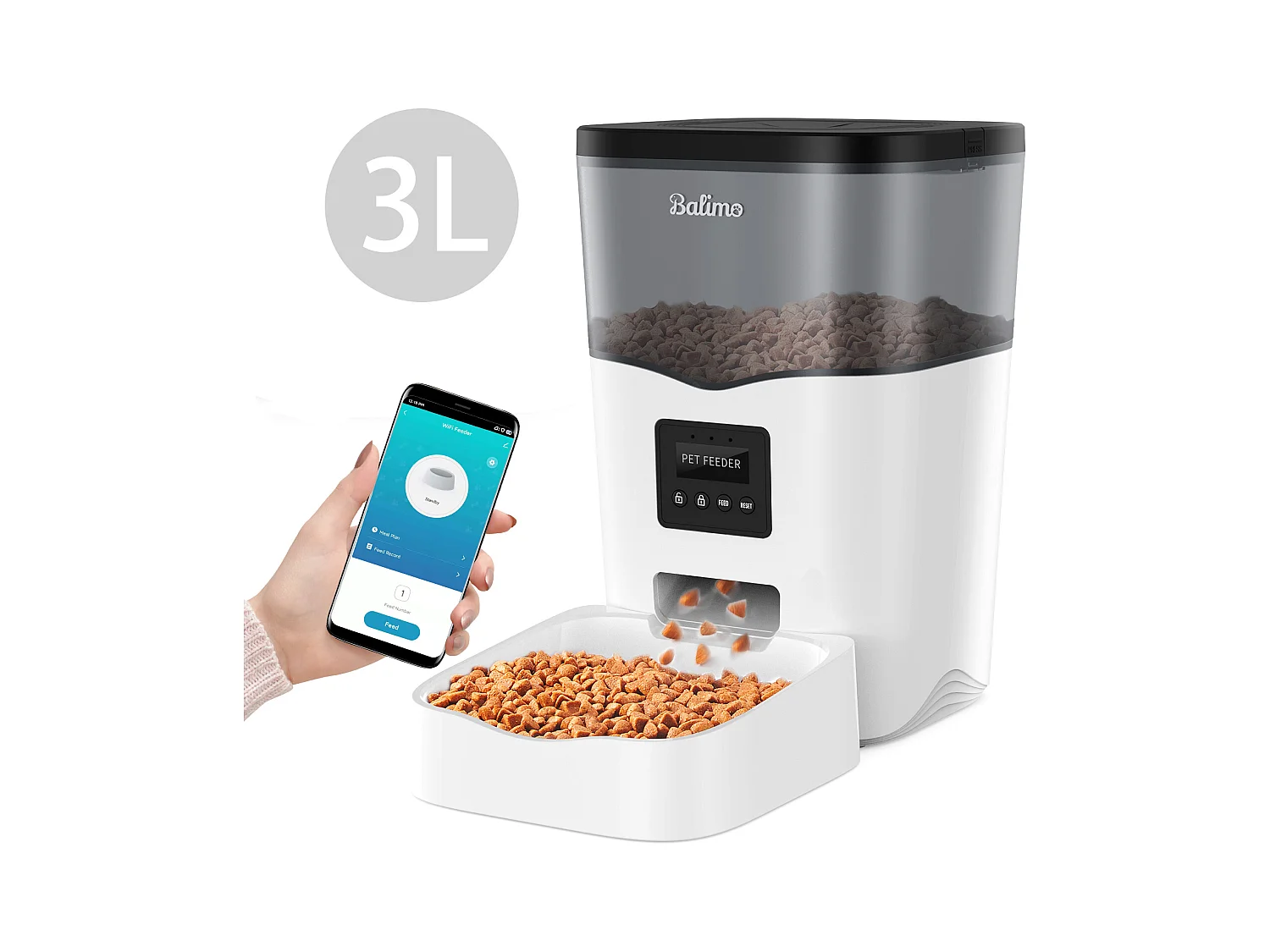 3L WIFI Katzen-/Hundefutterspender, LCD-Handy-Fernbedienung, Netzteil/Batterie, 10 Mahlzeiten pro Tag - APP-Steuerung, Schwarz